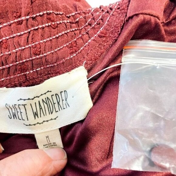 Sweet Wanderer Swiss Dot Sleeveless Mini Dress In Maroon Smocked Waist Ruffled N - Picture 5 of 6